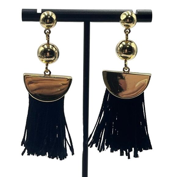 J. Crew Gold Tone Black Fringe Dangle Earrings - Picture 1 of 16